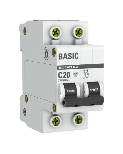 Автоматический выключатель 2P 20А (C) 4,5кА ВА 47-29 Basic (mcb4729-2-20C). Автоматический выключатель. EKF в Йошкар-Оле