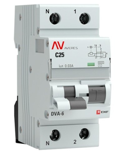 DVA-6 1P+N 25А (C) 30мА (AC) 6кА  AVERES (rcbo6-1pn-25C-30-ac-av). Автоматический выключатель дифференциального тока. EKF в Йошкар-Оле