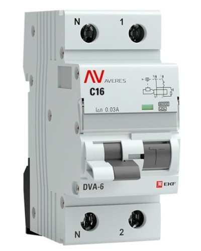 DVA-6 1P+N 16А (C) 30мА (A) 6кА  AVERES (rcbo6-1pn-16C-30-a-av). Автоматический выключатель дифференциального тока. EKF в Йошкар-Оле