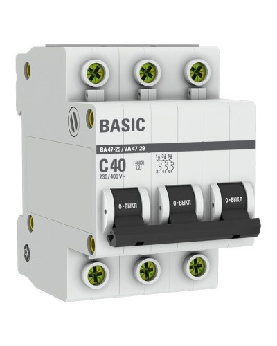 Автоматический выключатель 3P 40А (C) 4,5кА ВА 47-29 Basic (mcb4729-3-40C). Автоматический выключатель. EKF в Йошкар-Оле