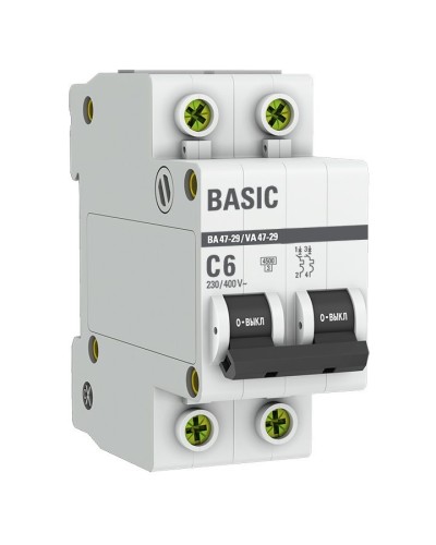 Автоматический выключатель 2P 6А (C) 4,5кА ВА 47-29 Basic (mcb4729-2-06C). Автоматический выключатель. EKF в Йошкар-Оле