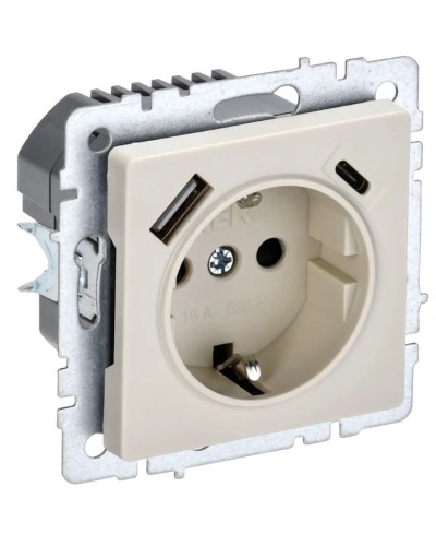 Розетка с з/к с USB A+C 18Вт РЮш11-1-БрКр бежевый BRITE (BR-R14-16-U22-018-K10). Розетка с заземлением с защитными шторками, 18Вт. IEK в Йошкар-Оле
