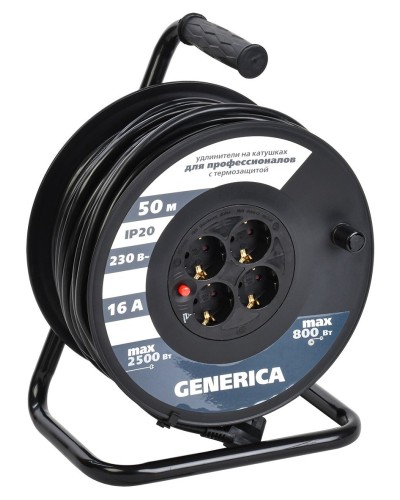 УК50 4 места 2P+PE, 50м GENERICA (WKP20-16-04-50-G). Удлинитель на катушке с термозащитой, 3х1,5кв.мм. IEK в Йошкар-Оле