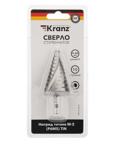 Сверло по металлу ступенчатое ТИТАН 9,0-36,0 мм 110 mm 65 HRC Р6М5 TiN Kranz (KR-12-6614): Сверло по металлу шлифованное в Йошкар-Оле