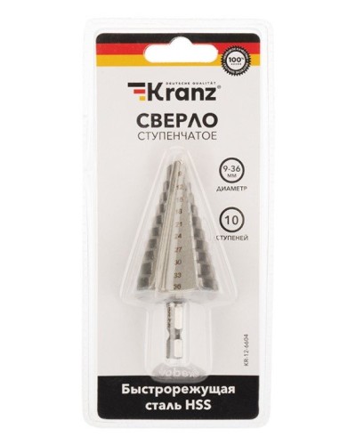 Сверло по металлу ступенчатое 9,0-36,0 мм 110 mm 62 HRC Kranz (KR-12-6604): Сверло по металлу шлифованное в Йошкар-Оле