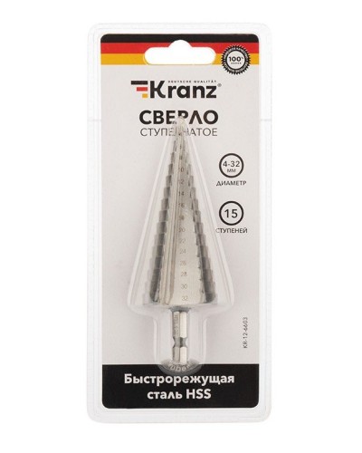 Сверло по металлу ступенчатое 4,0-32,0 мм 102 mm 62 HRC Kranz (KR-12-6603): Сверло по металлу шлифованное в Йошкар-Оле